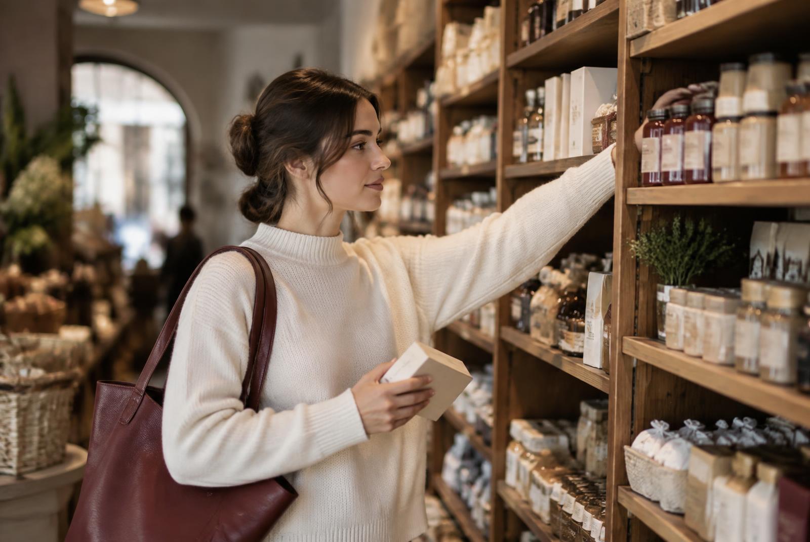 Shopper thoughtfully selecting an everyday product from neatly organized shelves